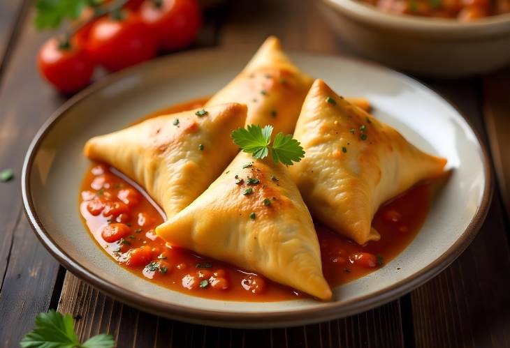 Delicious Samosas with Sauce and Tomatoes on a Plate